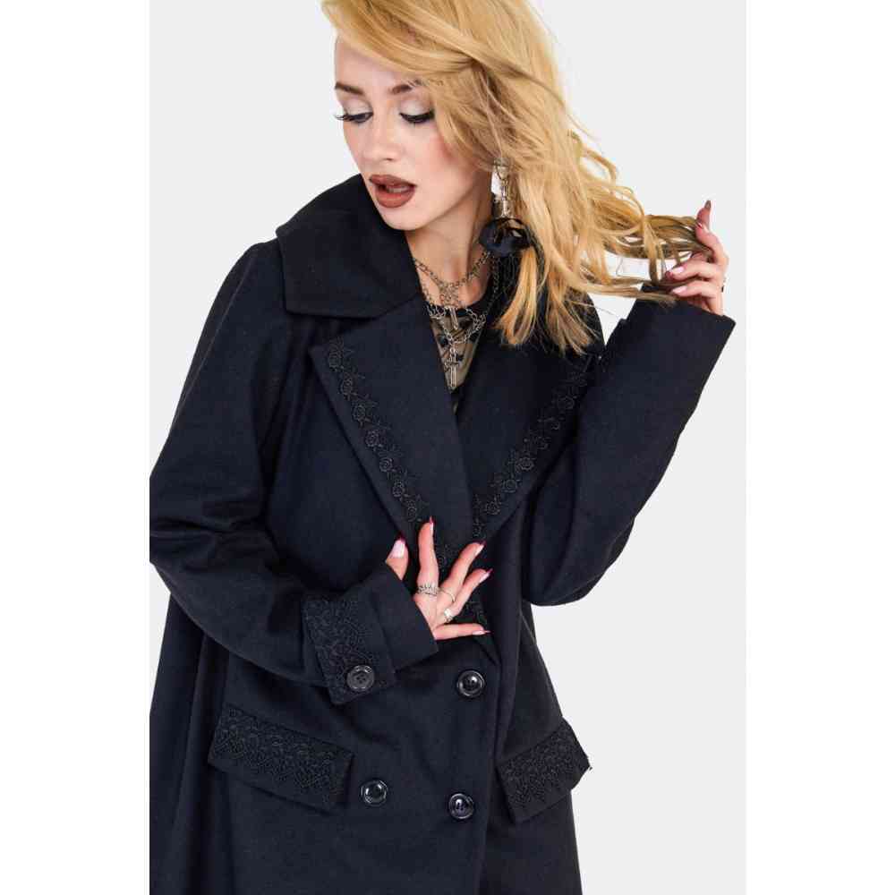 Jawbreaker - Lace Trim Boxy Double Breasted Coat - Black